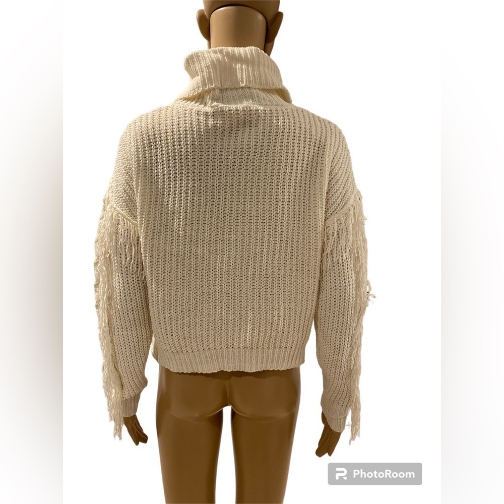 NO COMMENT TURTLENECK IVORY FRINGE SWEATER - Picture 2 of 3